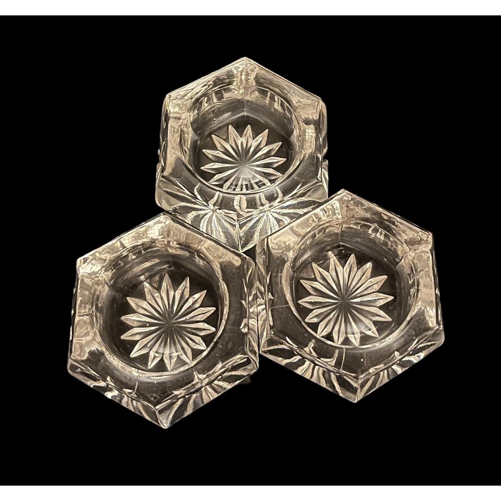 Set Of 3 Vintage Hexagon Open Salt Cellar Crystal‎ Starbust Dip Dish Clear Glass